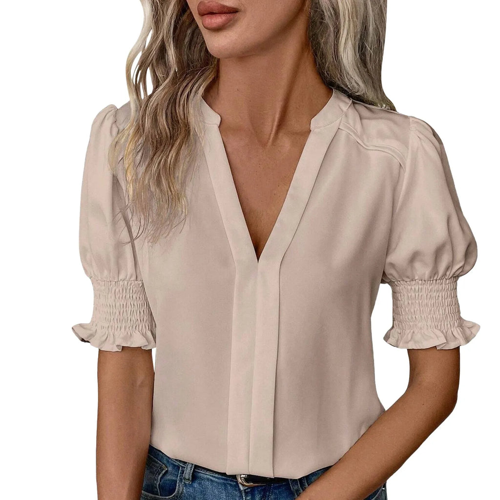 2025 Women's Elegant Top Blouses Shirts Lady Casual Short Puff Sleeve V-Neck Solid Blouse Office Work Tops Blusas Para Mujer