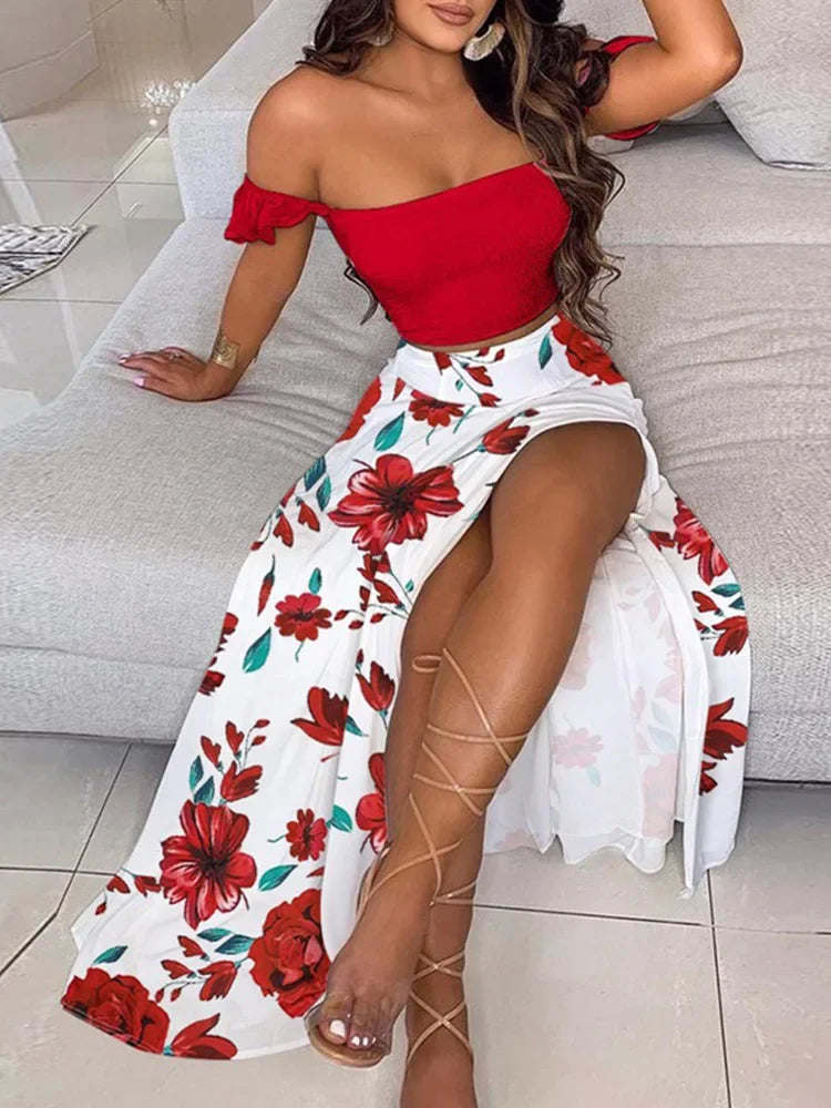 Off Shoulder Polkadot Print Top & High Slit Maxi Skirt Set Sexy Women 2 Piece Set Outfits