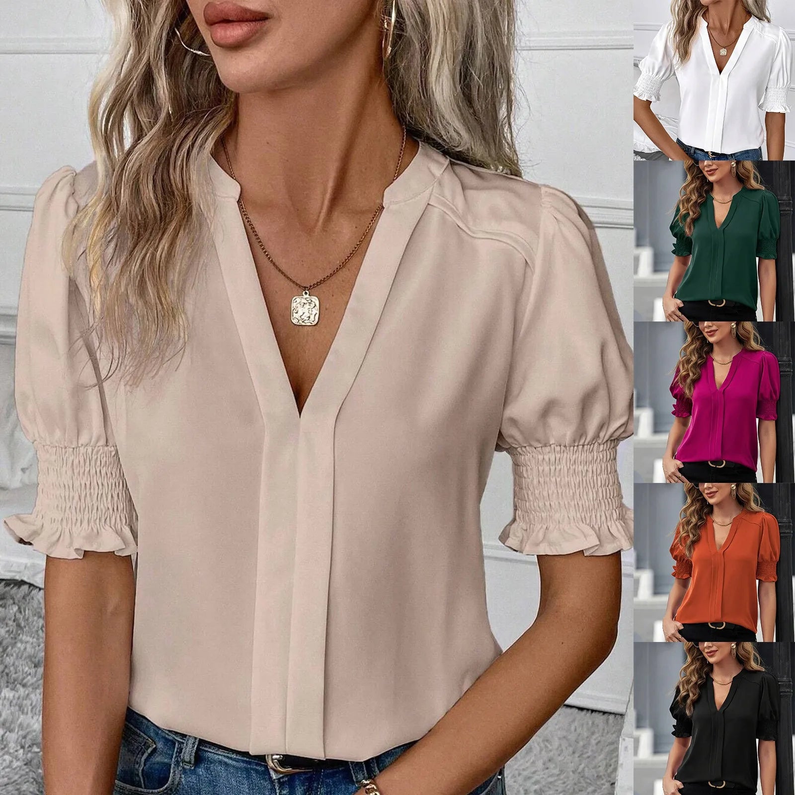 2025 Women's Elegant Top Blouses Shirts Lady Casual Short Puff Sleeve V-Neck Solid Blouse Office Work Tops Blusas Para Mujer