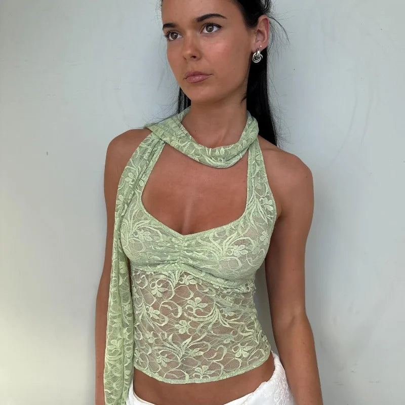 Candyhot Sexy Halter Lace See Through Mesh Backless Ribbon Solid Crop Top Y2K Summer Fashion Sweet Cute Daily Streetwear Vest