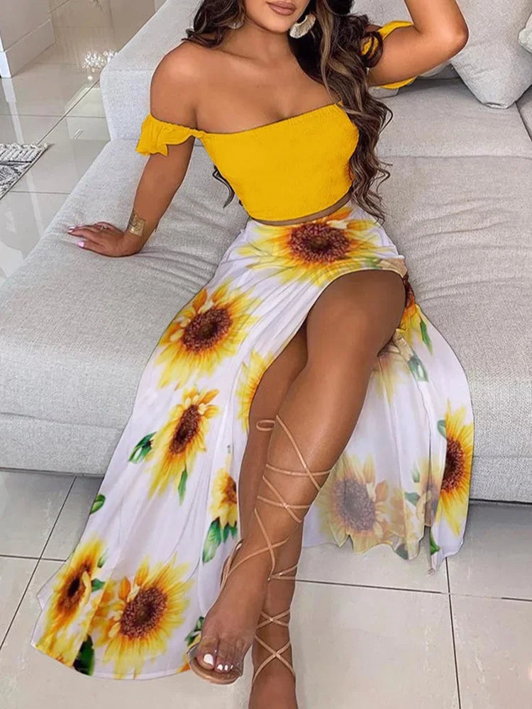 Off Shoulder Polkadot Print Top & High Slit Maxi Skirt Set Sexy Women 2 Piece Set Outfits