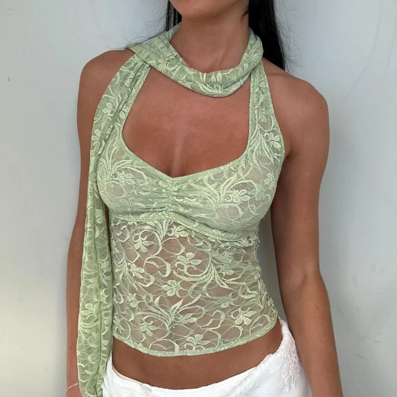 Candyhot Sexy Halter Lace See Through Mesh Backless Ribbon Solid Crop Top Y2K Summer Fashion Sweet Cute Daily Streetwear Vest