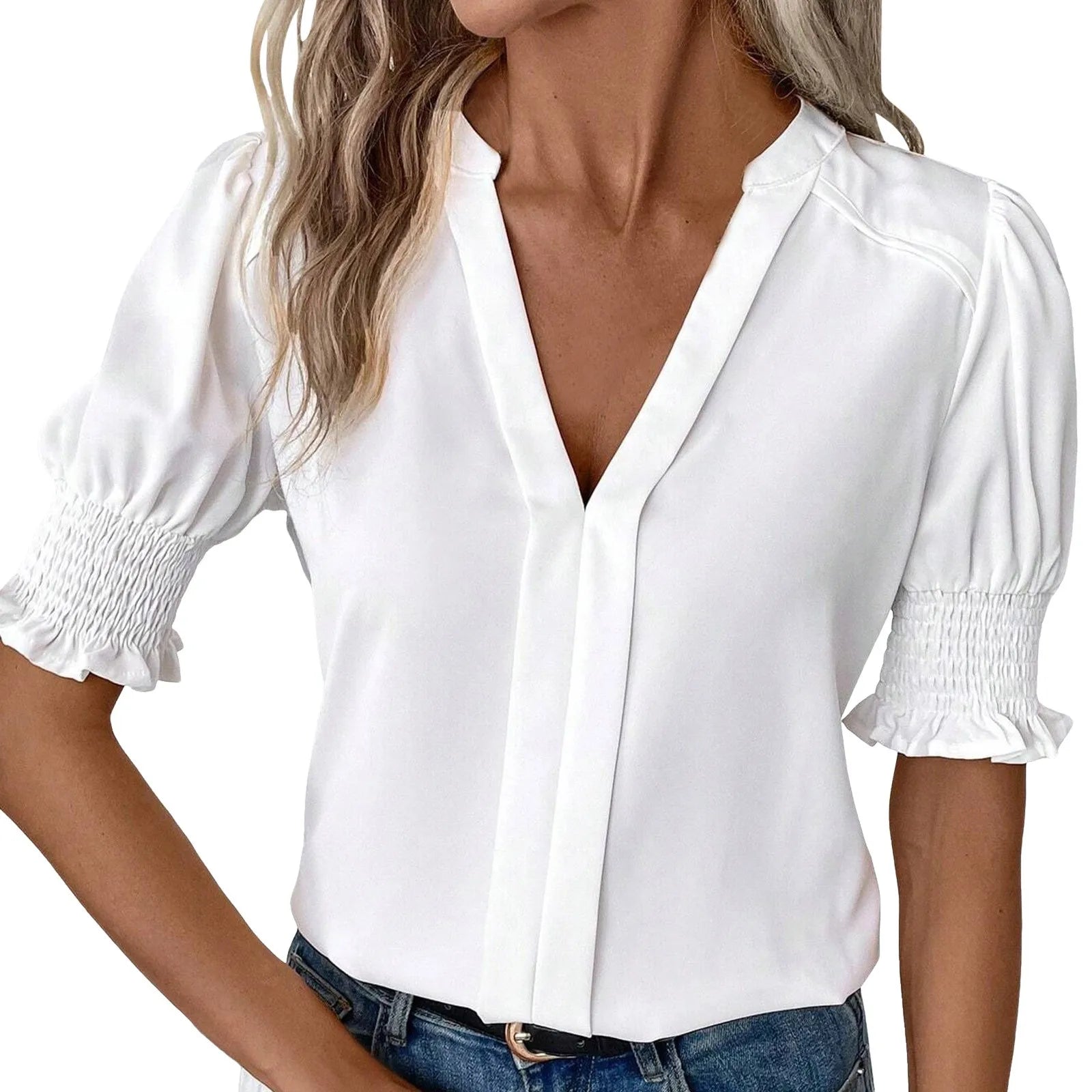 2025 Women's Elegant Top Blouses Shirts Lady Casual Short Puff Sleeve V-Neck Solid Blouse Office Work Tops Blusas Para Mujer