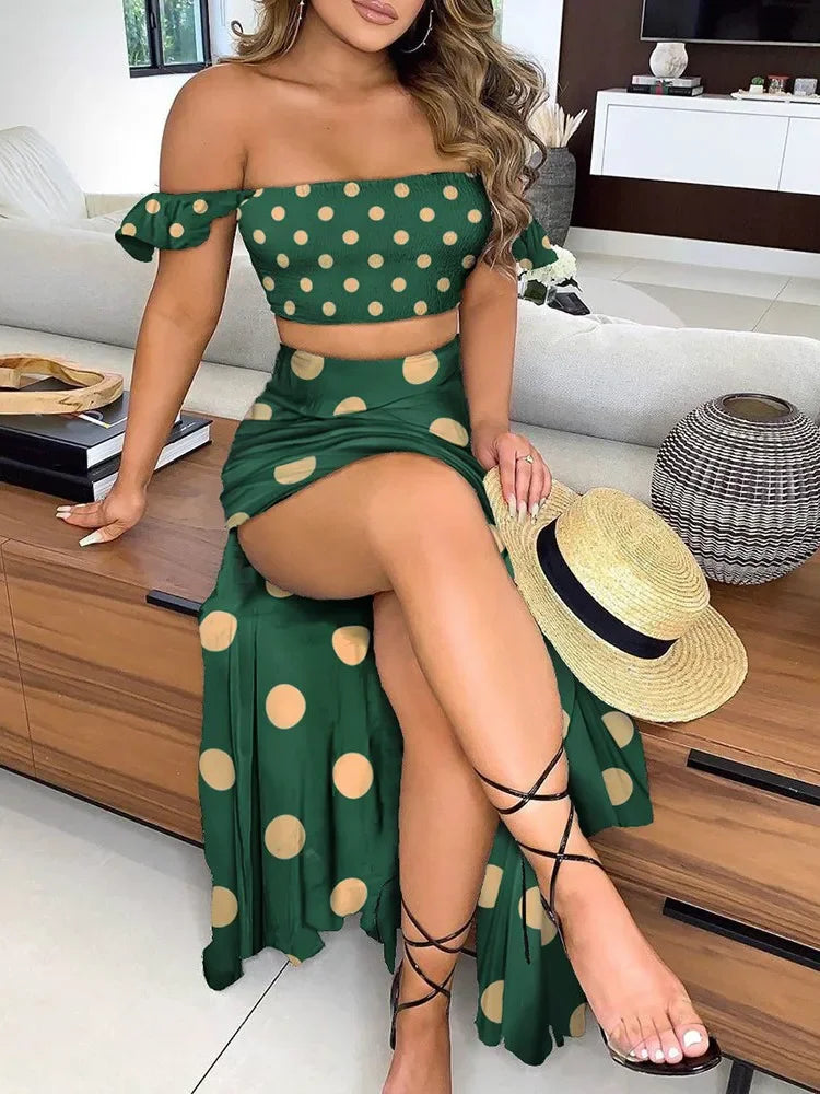 Off Shoulder Polkadot Print Top & High Slit Maxi Skirt Set Sexy Women 2 Piece Set Outfits