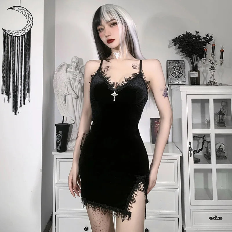 Dark Cross Black Mini Dress Vintage Sexy Spaghetti Strap High Waist Slit Dresses Goth Party Club Women Dress