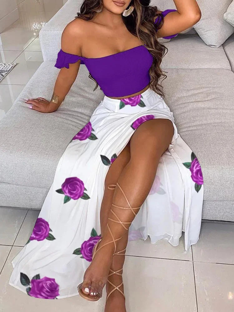 Off Shoulder Polkadot Print Top & High Slit Maxi Skirt Set Sexy Women 2 Piece Set Outfits