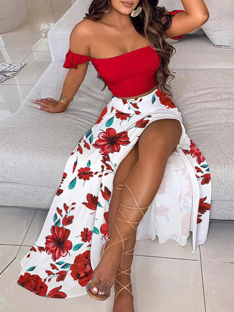 Off Shoulder Polkadot Print Top & High Slit Maxi Skirt Set Sexy Women 2 Piece Set Outfits