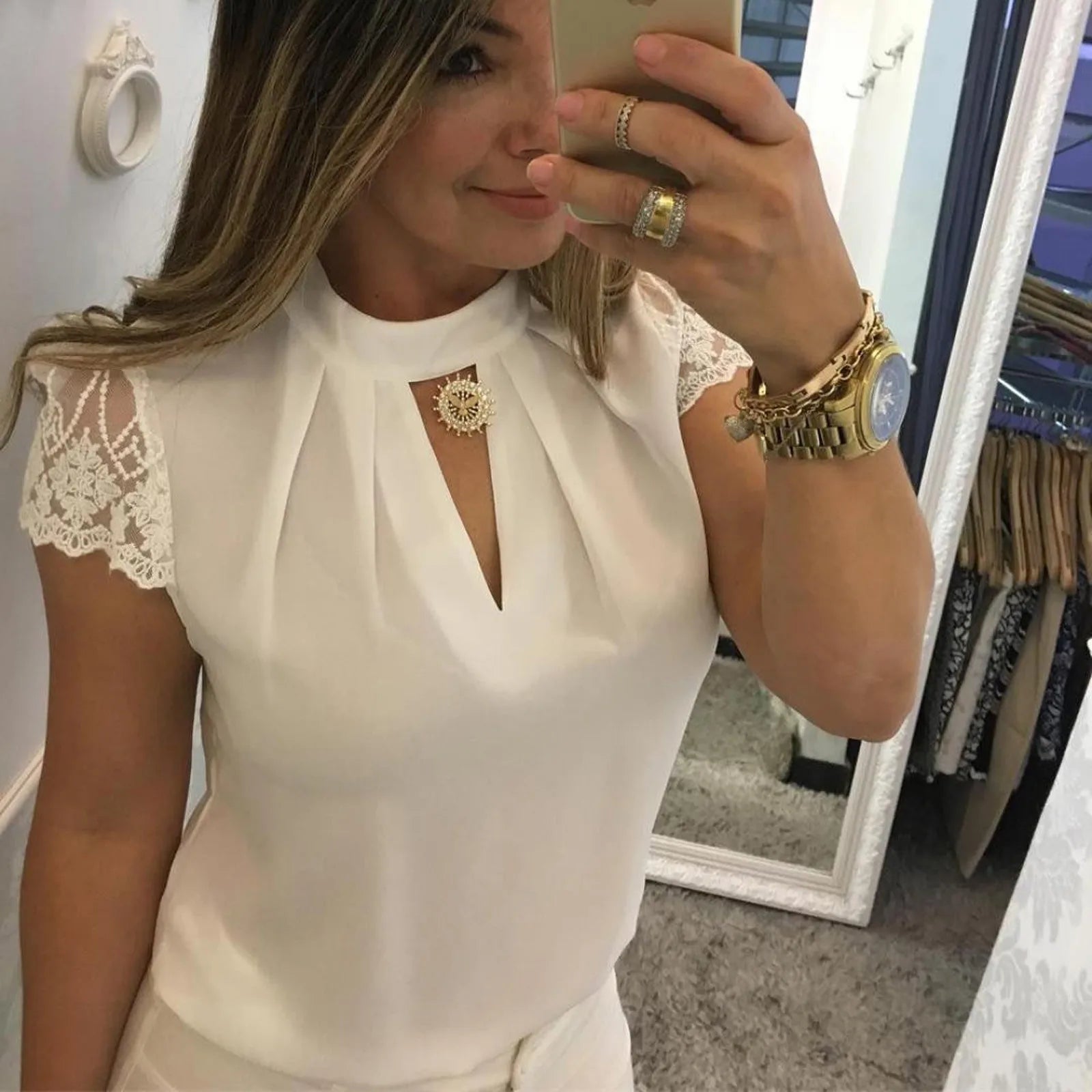 Fashion Ladies V-Neck Casual Buttons Blouses