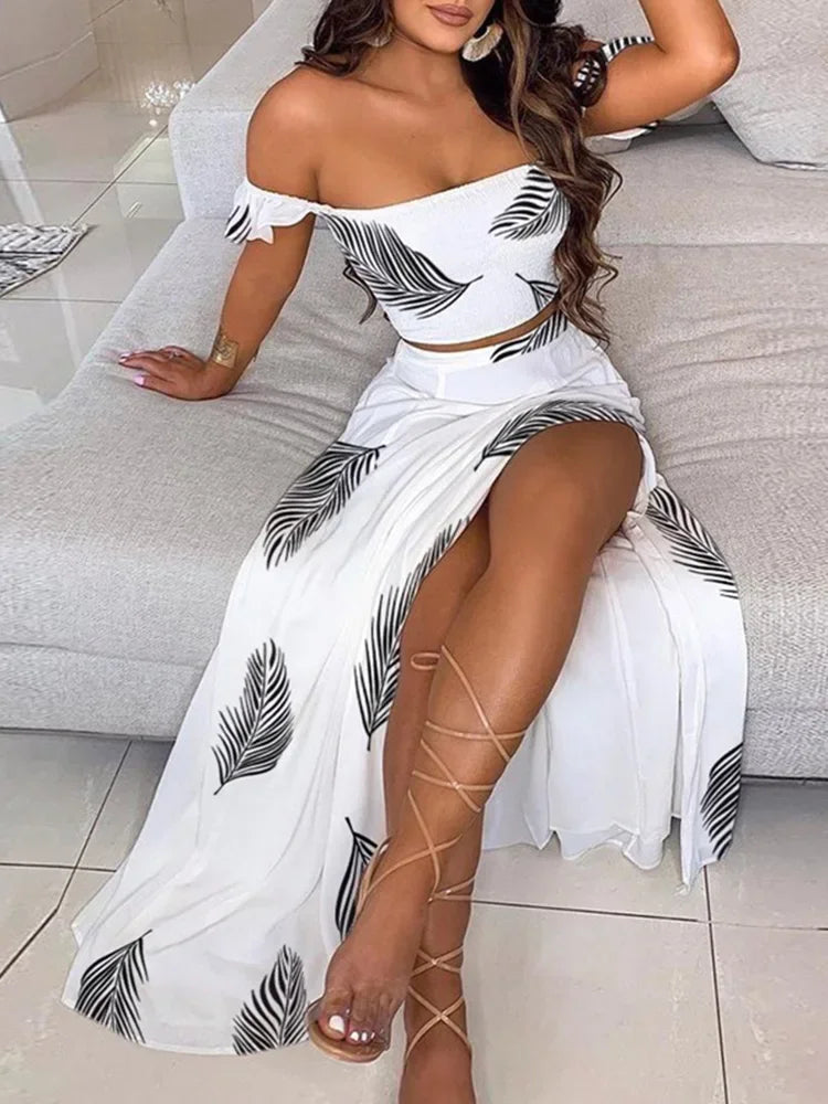 Off Shoulder Polkadot Print Top & High Slit Maxi Skirt Set Sexy Women 2 Piece Set Outfits